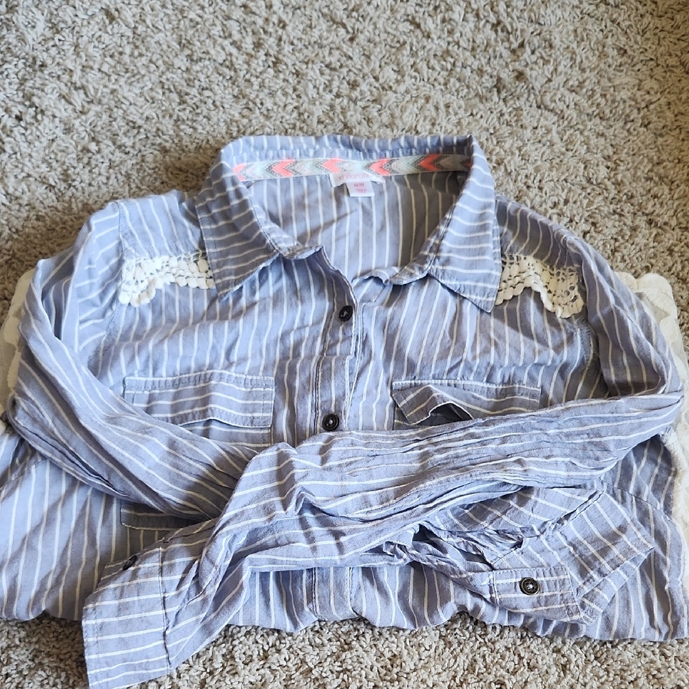 Blue Striped Juniors Shirt with Lace Detail